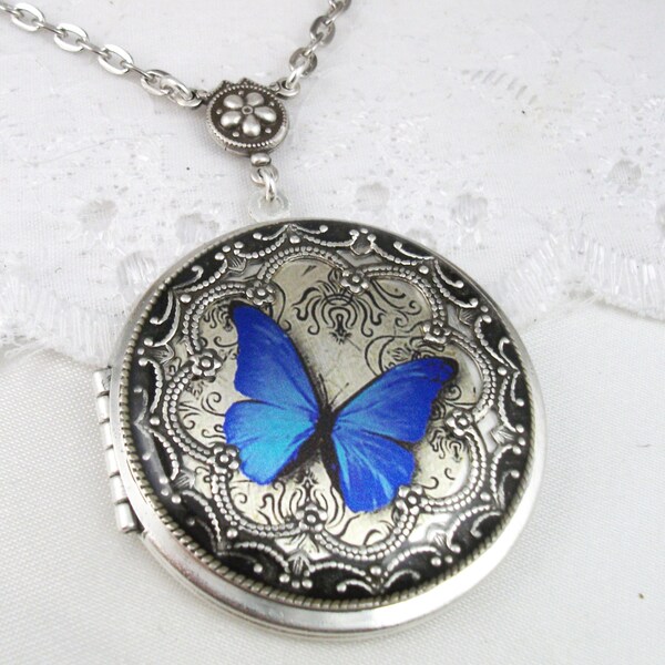 Silver Butterfly Locket. Blue Butterfly Resin Locket. Valentine Gift For Her.Wedding Locket. Picture Locket. Mother's Day Locket