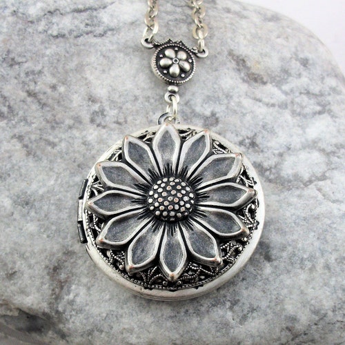 Sunflower Necklace Sunflower Locket Necklace Silver Etsy