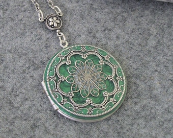 Vintage Large Locket. Enameled Metallic Emerald Locket. Gift For Women.