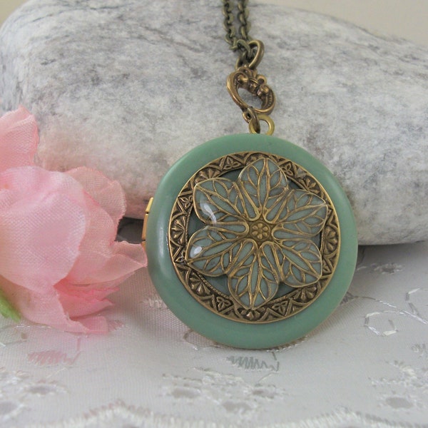 Filigree Flower Locket Necklace: Antique Brass Pendant