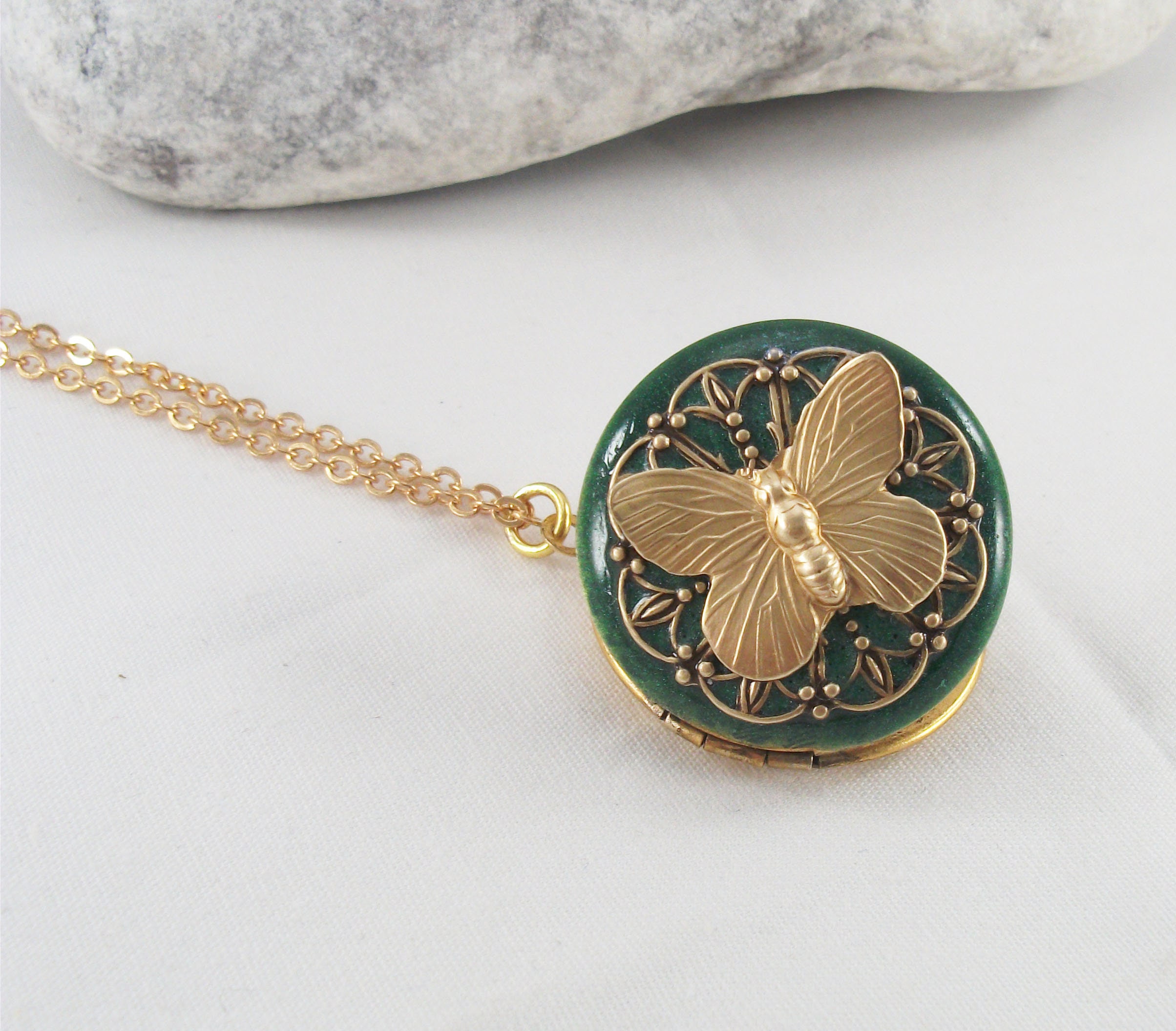 Gold Plated Butterfly Locket Necklace: Emerald Enamel, Photo Keepsake