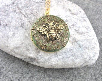 Green Gold Bee Locket Pendant Necklace. Gift For Women