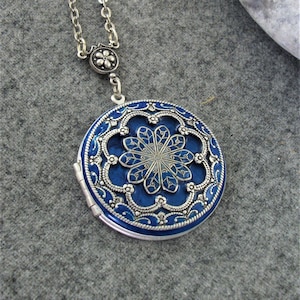 Large Vintage Locket. Metallic Blue Enameled Locket. Filigree Locket. Gift For Women.