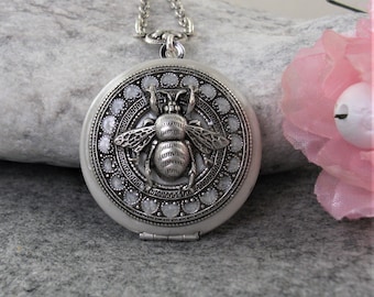 Bee Locket Necklace. Silver Pendant, Gift For Women.