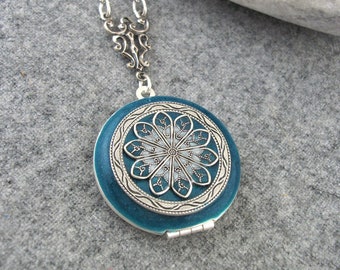 Teal Locket, Antique Style Silver Locket. Gift For Women.