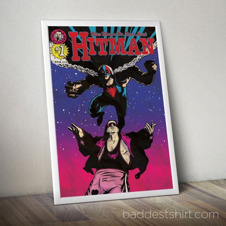 Bret The Hitman Hart Vs Blue Blazer Mash Up Print Wwe Wwf Poster Original Ilration Wall Decor Design