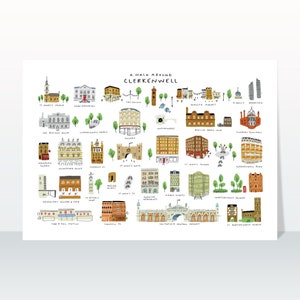 Könnte beinhalten: Eine farbenfrohe illustrierte Karte von Clerkenwell, London, mit verschiedenen Sehenswürdigkeiten und Gebäuden, darunter die St. James's Church, das Old Sessions House und der Charterhouse Square.