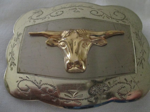 Vintage  Longhorn Steer Head -  Nickel Silver -  Golden Steer Head in Color