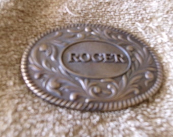 Vintage 1977 Roger Floral Solid Brass Buckle by The Kinney Co.