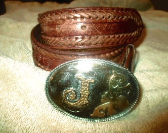 Vintage Capital " J " Oval Chrome Buckle With Leather Belt made in Mexico