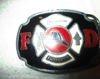 Vintage F -D Firefighter Buckle White - Black & Red Enamel by Buckle Bakery