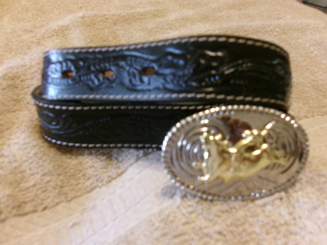 Vintage Cowboy Bull Rider Chrome Buckle With Leather Belt - Etsy