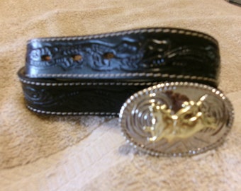 Fibbia cromata vintage da cowboy bull rider con cintura in pelle