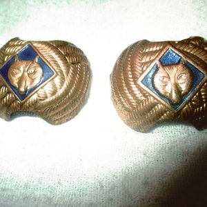 Vintage Two Cub or Boy Scouts BSA Wolf Neckerchief Clasp Holder on Enamel Background