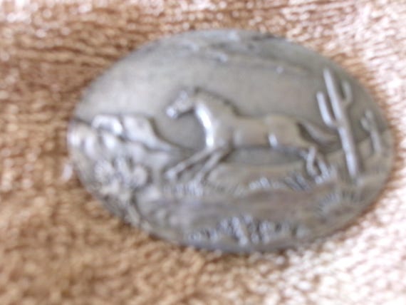 Vintage 1980 Running Horse in the Desert Solid Steel Buckle # F297 by Indiana Metal Craft