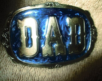 Vintage 1985 DAD  on Blue Enamel Solid Brass Buckle by No. 1629 by the Great America Buckle Co.