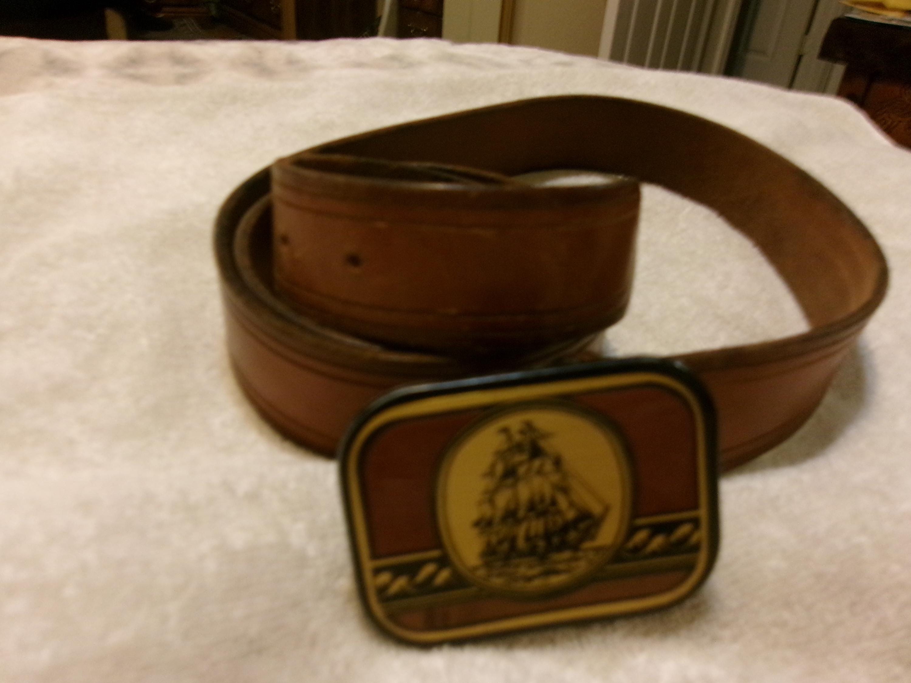 Vintage Sea Sailing Ship Beautiful Buckle and Leather Belt by Harmony Design USA