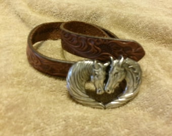 Vintage Double Horseheads in form of Heart Solid Chrome Buckle with a Justin Leather Belt