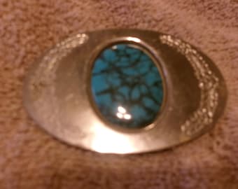 Vintage Turqouise Rhinestone between Two Floral Reefs Solid Chrome Buckle