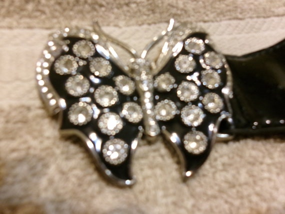 Vintage Butterfly Chrome on Black Enamel Buckle w… - image 3