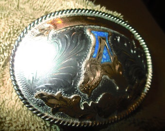 Vintage "A" Cowboy Bronze, Turquoise on Silvertone Floral Buckle Hecho (Made) in Mexico