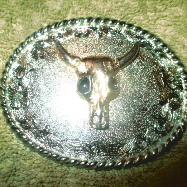 Vintage 1978 Longhorn Steer Silvertone and Brass Buckle by Raintree