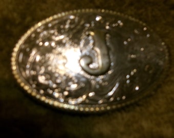 Vintage Capital J  on Floral Background Chrome Buckle by The Hertiage Collection