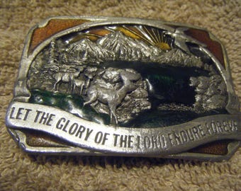 Hebilla de acero macizo n.° R-27 de Siskyou Buckles, edición de 1983: Que la gloria del Señor perdure para siempre.