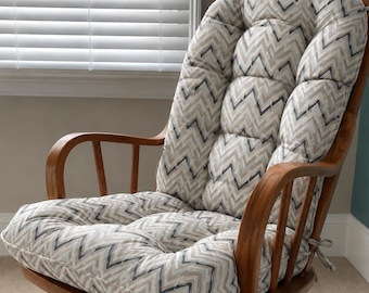 Custom Cushion Replacements for Glider or Rocking Chair in Dancer Driftwood chevron, aqua,navy,white on Grey, Rocker Dutailier, Pad Nursery