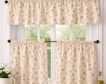 Cotton Crinkle Gauze in Pink Yellow Floral, Valance and Tier Cafe Curtains