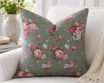 Vintage Floral Pink Roses on Green Pillow cover with zip closure