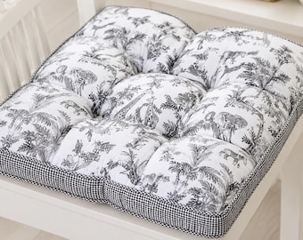 Square Cushion Chair Pad in Meru Raven with black check band and self trim, Kitchen Rocker Rocking Dining Bar Stool, Glider, Jungle motif
