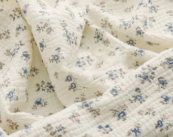 Cotton Crinkle Gauze in Blue Floral, Valance and Tier Cafe Curtains