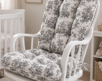 Custom Cushion Replacements for your Glider or Rocking Chair in Jamestown Toile Black and White,Rocker Dutailier, Pad Nursery