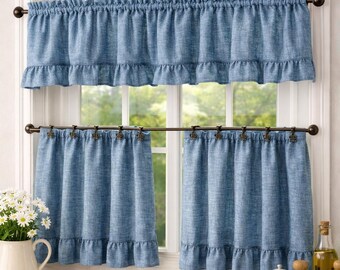 Valance and Tier Cafe Curtains with Ruffle Trim, assorted Fabric Options