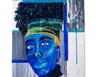 Peut inclure: Peinture abstraite d'une personne à la peau bleue, aux cheveux noirs et à un bandeau doré. L'arrière-plan est un mélange de blanc, de gris et de bleu.