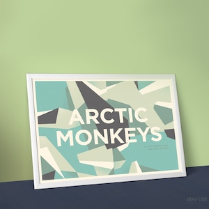 May include: A white framed poster with a geometric design in shades of blue, green, and white. The text "Arctic Monkeys" is printed in black and white. The poster also includes the date "8 & 9th November 2013" and the location "O2 Academy, Bristol".