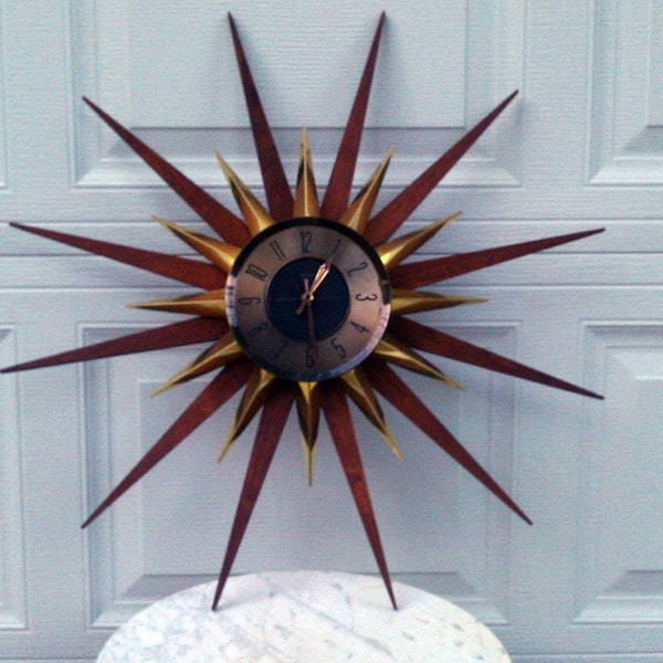 Vintage Welby Sunburst Starburst Walnut & Brass Clock MCM