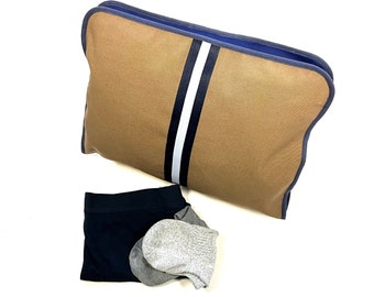 Travel Gift, Men's Travel Underwear Bag, Travel Accessories, Unisex, Birthday gift for him, Mrun Beige Canvas with Navy / White Tape Ribbon