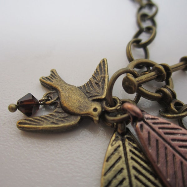 Bird Necklace - Leaf Necklace - Front Toggle Necklace - Copper & Bronze Leaf - Sparrow Charm