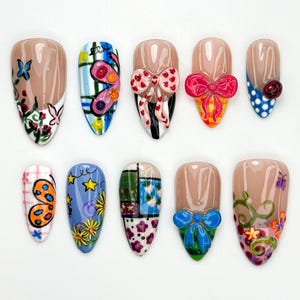 Pop Art Press On Nails, Funky Cartoon Mixed Pattern Nails, 3D Cute Bug & Ribbon Nail Art, Playful Art Press Ons, Cute Cartoon