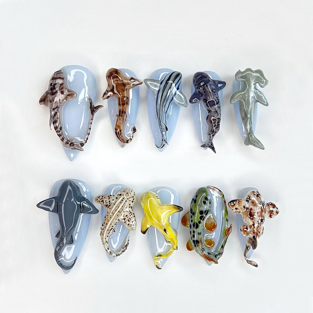 Deep Sea Shark Press on Nails, Handmade Ocean-inspired Nail Art, 3D