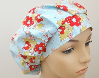 Bouffant Scrub Cap, Chemo Hat, Mine Flowers on Blue Print, Spring, Summer Green Goldy Caps