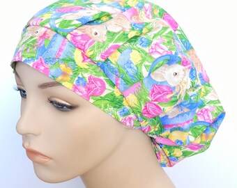 Bouffant Surgical Scrub Hat, Chemo Hat, Easter Find The Bunny In The Tulips