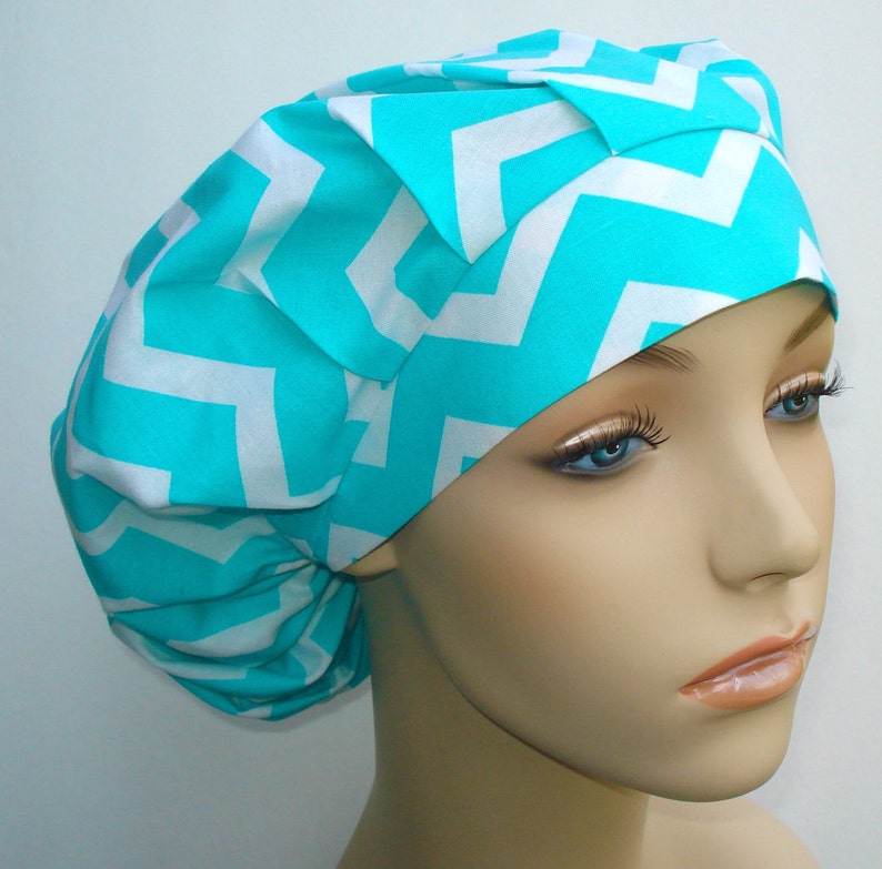 Bouffant Surgical Scrub Hat, Chemo Hat, Chevron Blue ZigZag Print image 1