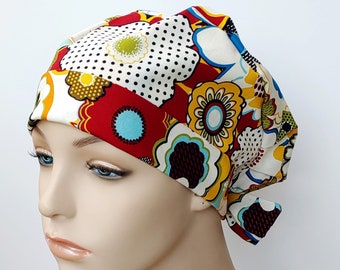 Tie Back Scrub Cap, Chemo Hat, Antique Flower Gardern Print, Green Goldy Caps