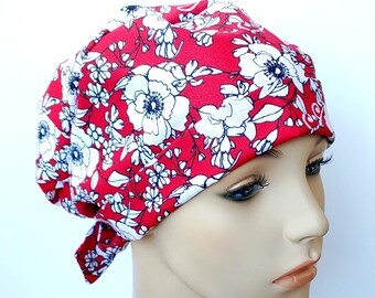 Tie Back Scrub Cap, Chemo Hat, Red Poppy Print, Green Goldy Caps