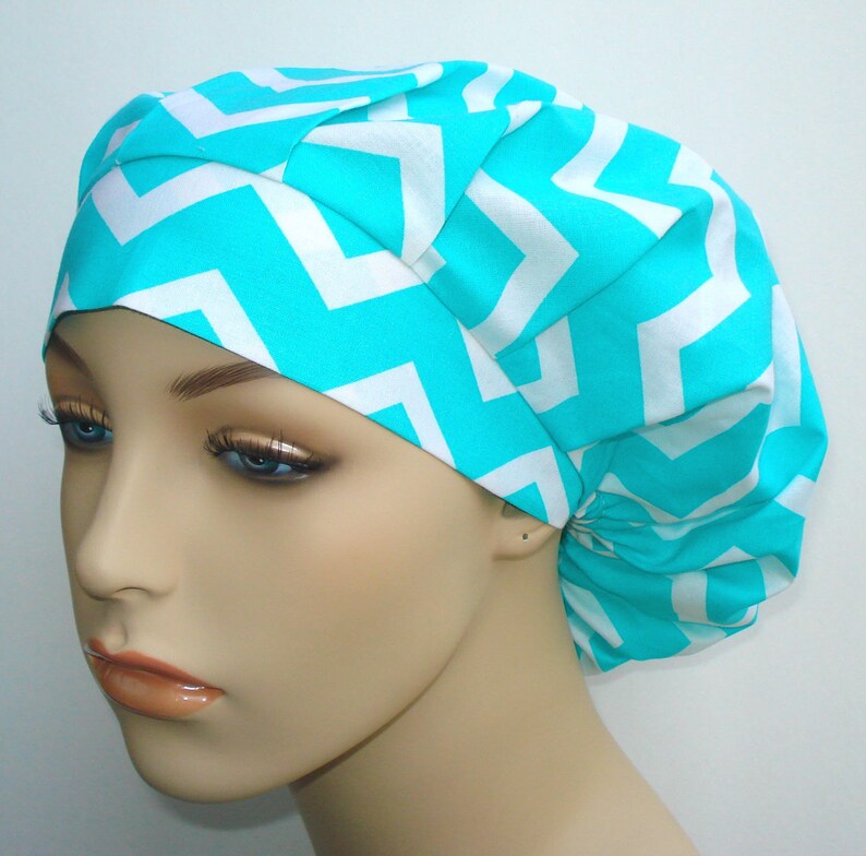 Bouffant Surgical Scrub Hat, Chemo Hat, Chevron Blue ZigZag Print image 2