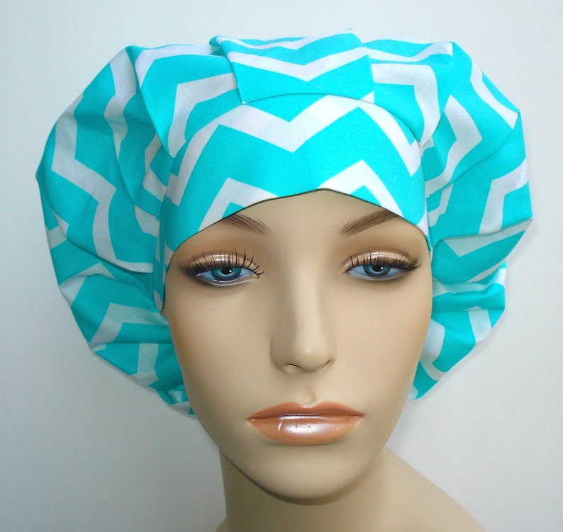 Bouffant Surgical Scrub Hat, Chemo Hat, Chevron Blue ZigZag Print image 3