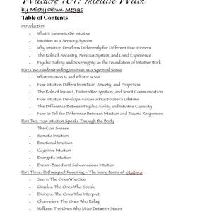 Puede incluir: Una página de "Witchery 101: Intuitive Witch" de Misty Dawn Meggs. El título y el nombre del autor están en la parte superior, seguido de una tabla de contenidos. El texto es negro sobre fondo blanco, con títulos y subtítulos.